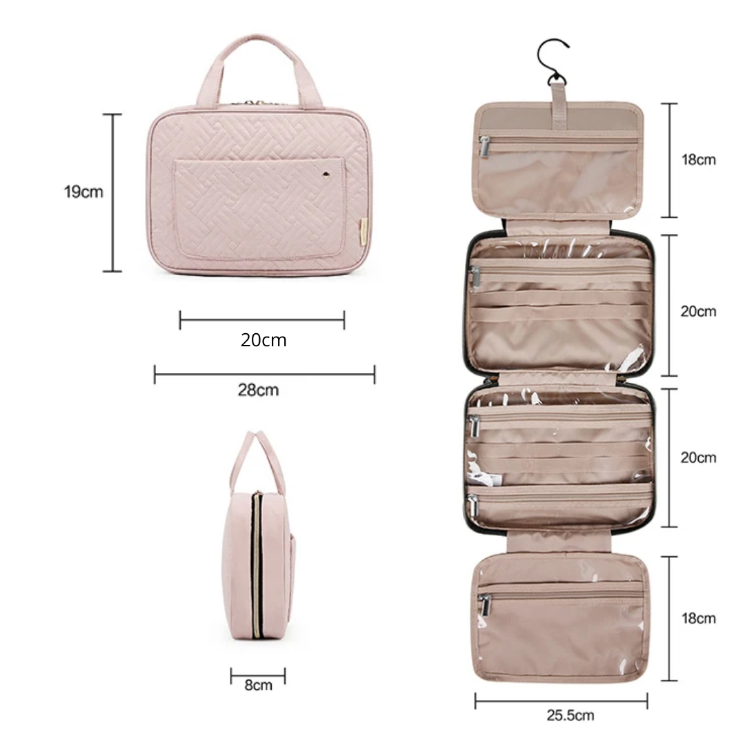 TravelMate Pro: Bolsa de Aseo Impermeable Colgante con 4 Cuerpos y Espacio para Maquillaje