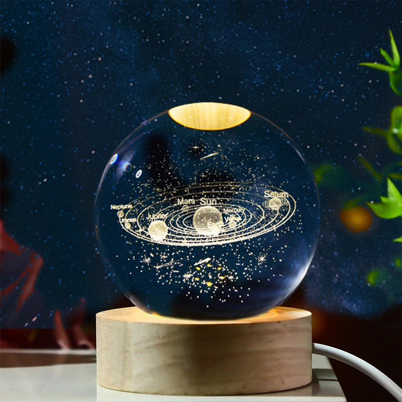 GalacticSphere® - Bola de Cristal 3D con Diseño de Sistema Solar con Iluminación y Base de Madera