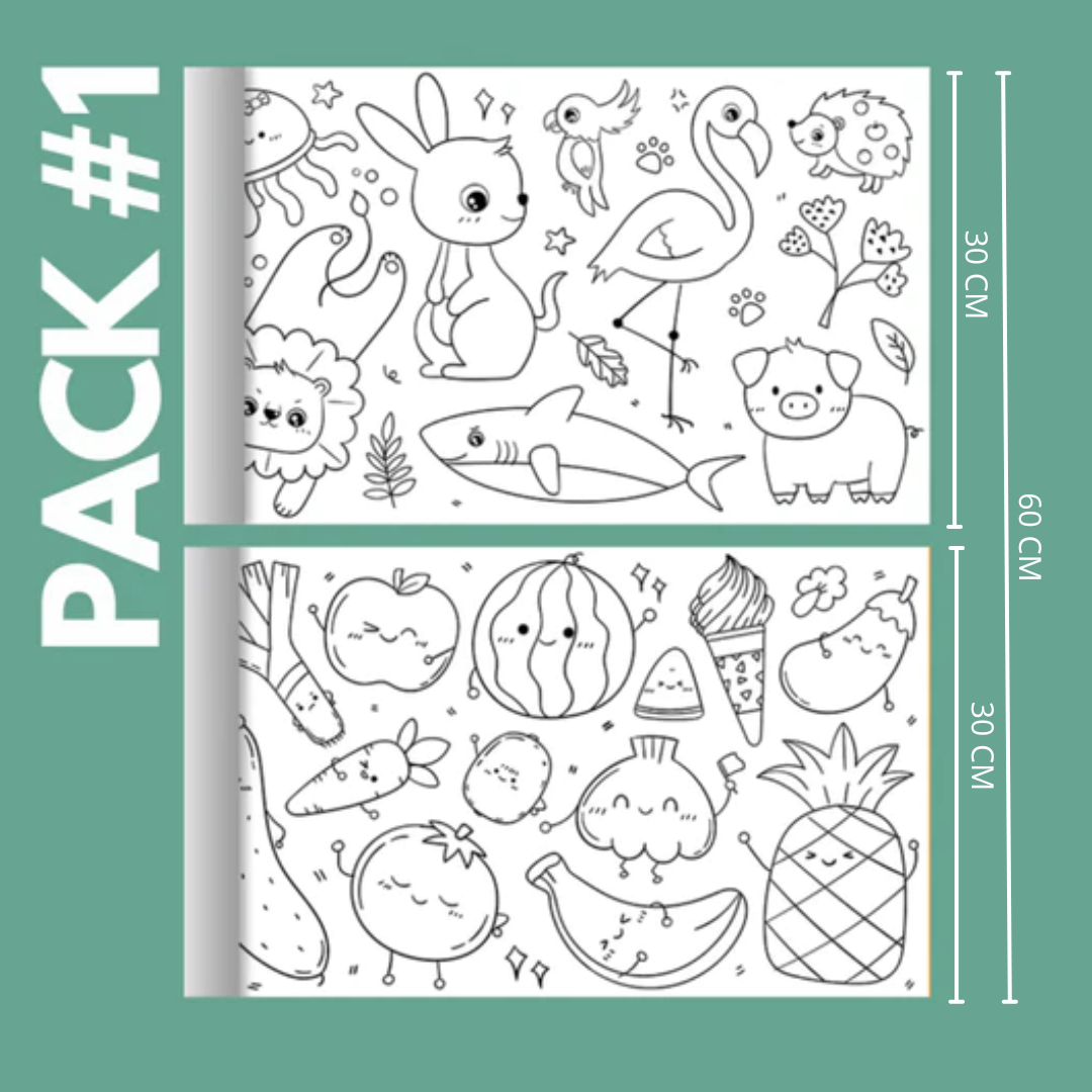 Set de 2 Rollos de 3 Metros de Animales y Frutas para Pintar Colorear