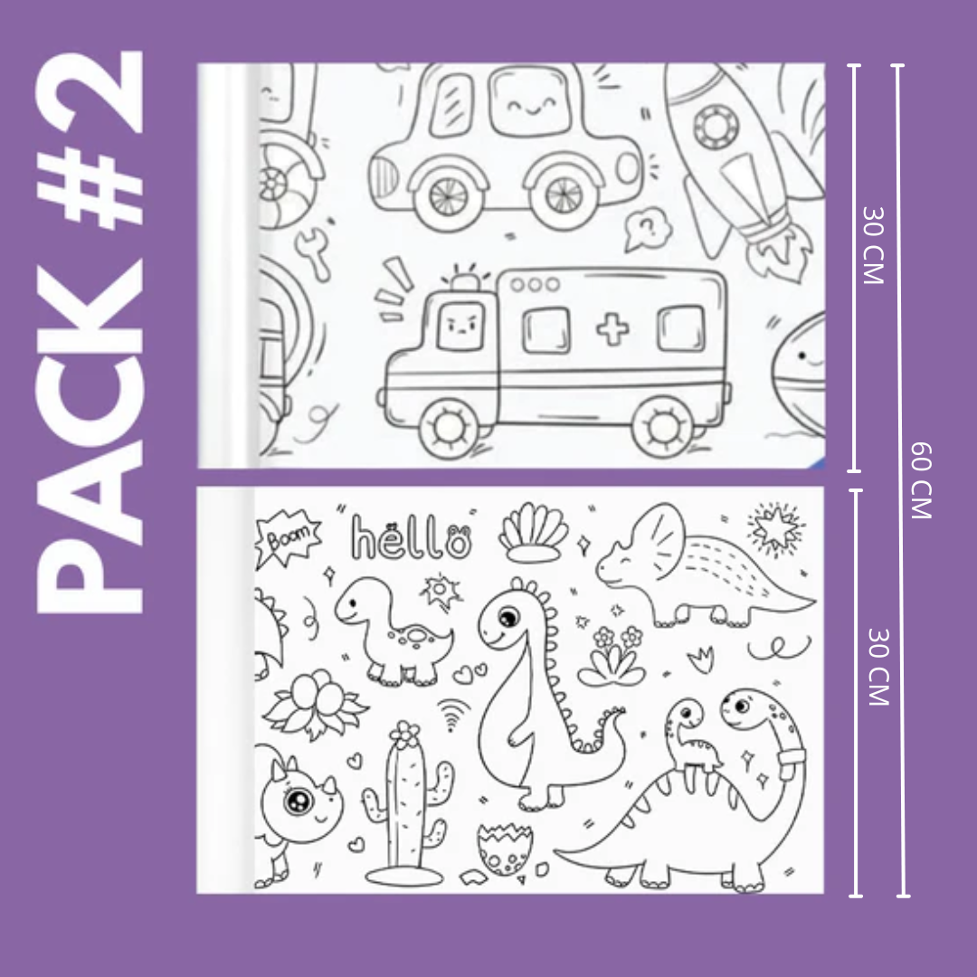 Set de 2 Rollos de 3 Metros de Animales y Frutas para Pintar Colorear