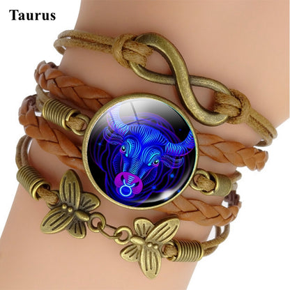 Pulsera de Cuero Tejido con Signo Zodiacal Brillante