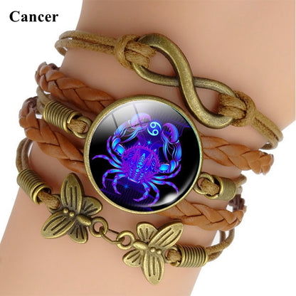 Pulsera de Cuero Tejido con Signo Zodiacal Brillante