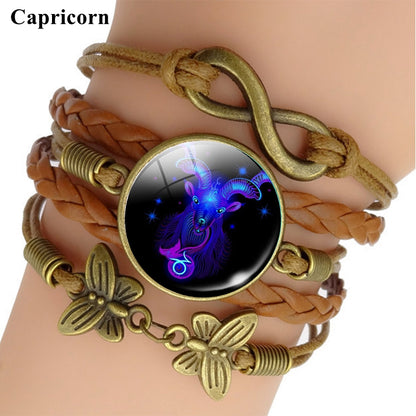 Pulsera de Cuero Tejido con Signo Zodiacal Brillante