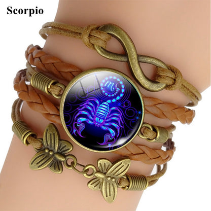 Pulsera de Cuero Tejido con Signo Zodiacal Brillante