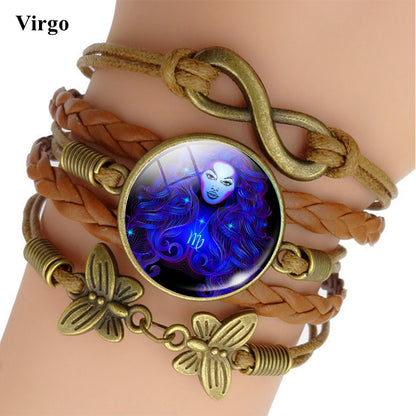 Pulsera de Cuero Tejido con Signo Zodiacal Brillante