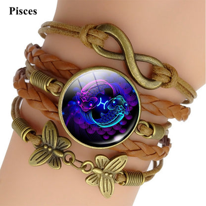 Pulsera de Cuero Tejido con Signo Zodiacal Brillante