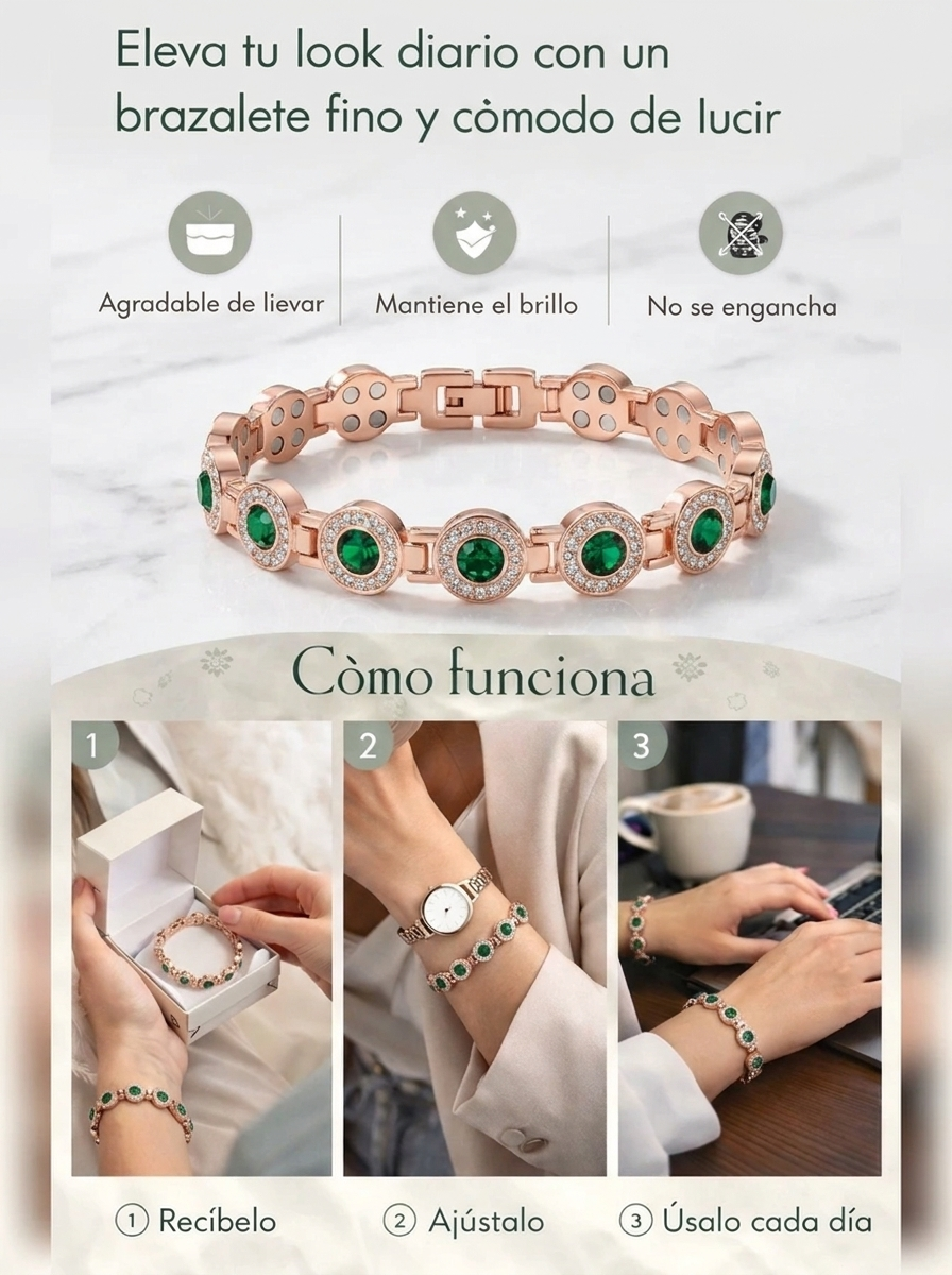 Pulsera Magnética de Cobre Con Cristales Verdes