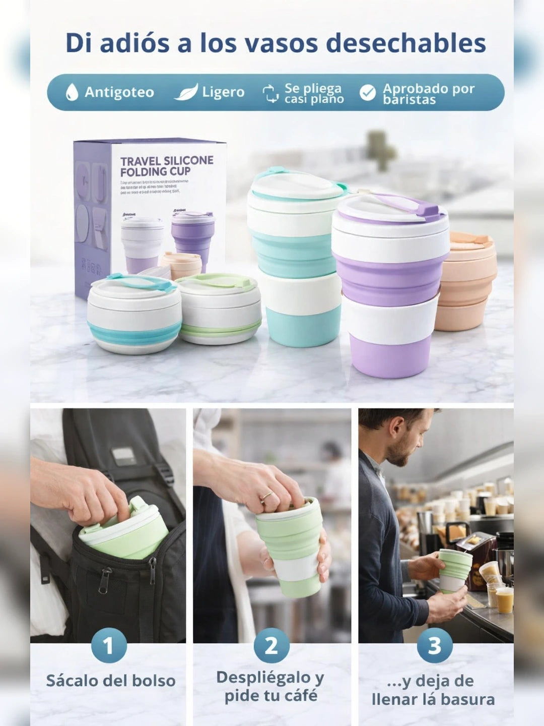 Vaso Plegable EcoTravel – Vaso de Silicona Plegable Reutilizable para Viajes y Café