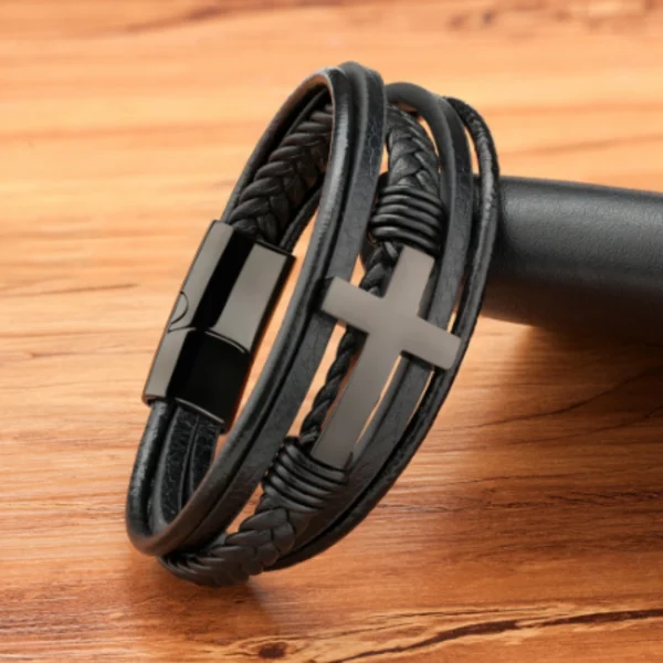 Pulsera Negra de Cuero de Cruz, imagen 2