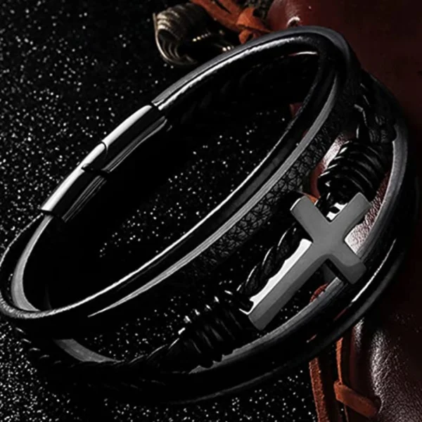 Pulsera Negra de Cuero de Cruz, imagen 3