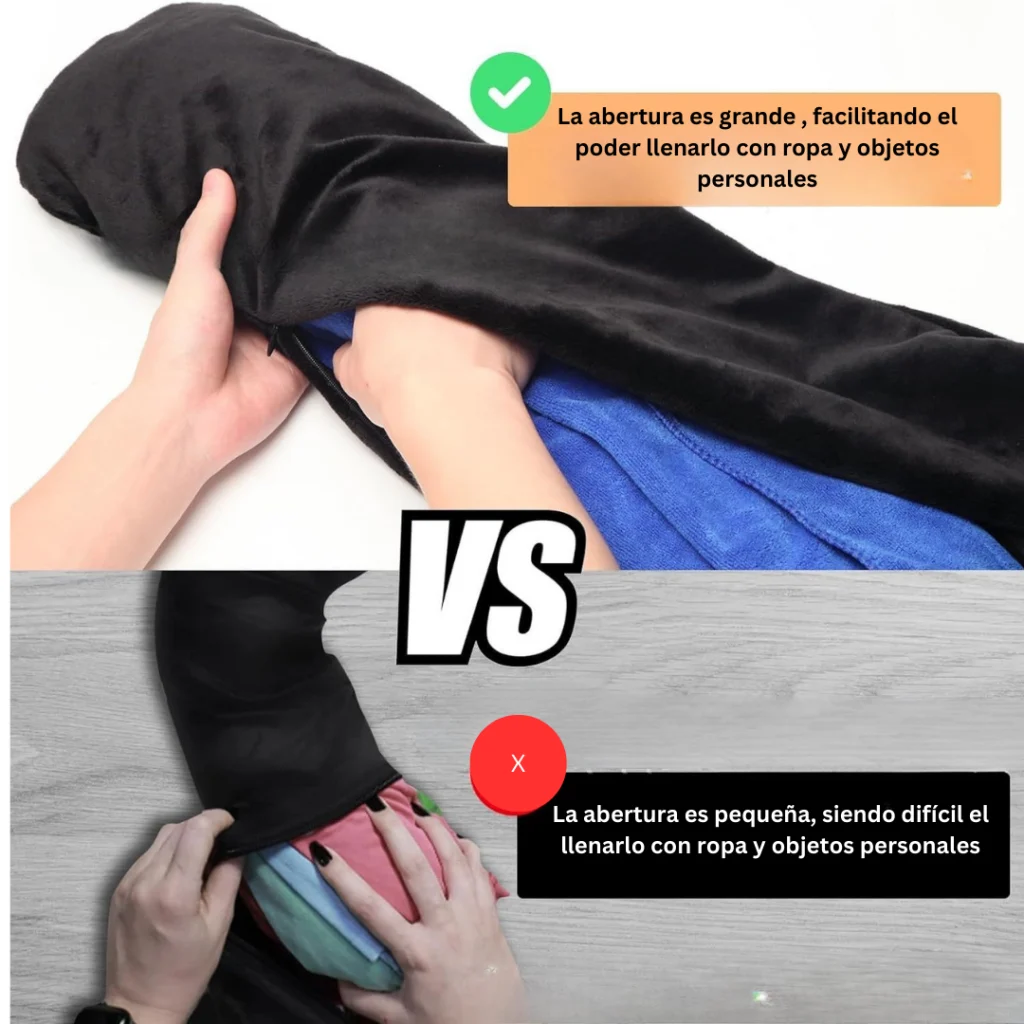 ¿Cansado de quedarte sin espacio en la maleta? – FlexiNap™-Almohada de viaje ergonómica de felpa azul, rellenable con ropa para mayor comodidad y practicidad.