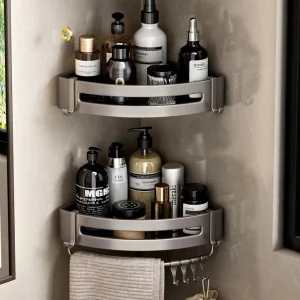 CornerMount™ - Estantería de Baño en Aluminio para Espacios Pequeños, Montaje en Pared sin Perforar