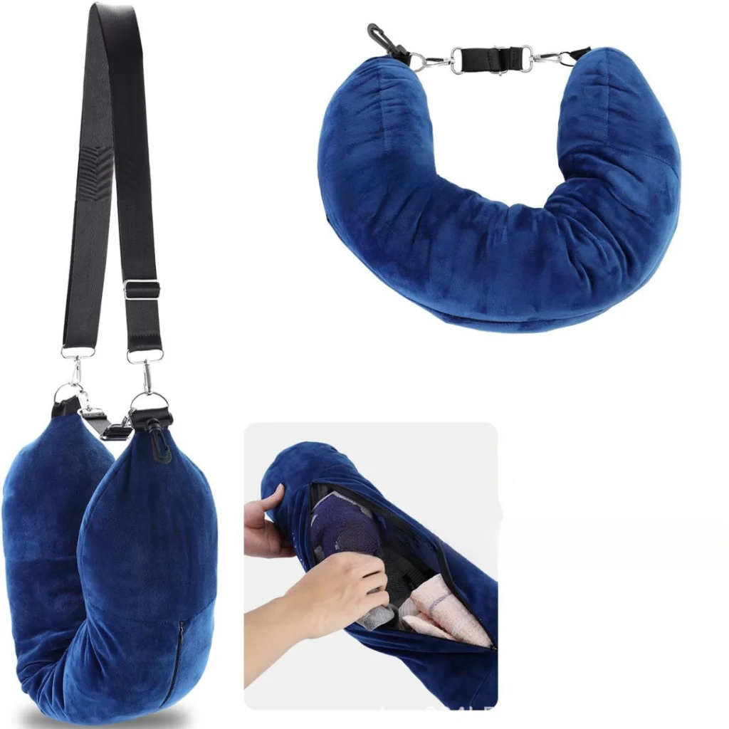 ¡COMODIDAD Y FUNCIONALIDAD EN UN SOLO COJÍN DE VIAJE! – FlexiNap™-Almohada de viaje ergonómica de felpa azul, rellenable con ropa para mayor comodidad y practicidad.