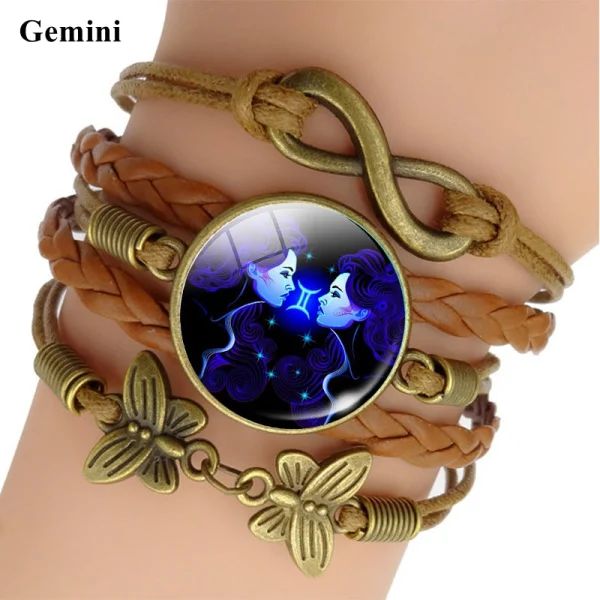 Pulsera de Cuero Tejido con Signo Zodiacal Brillante, imagen 3