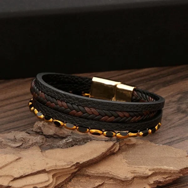 Pulsera Trenzada de Cuero con detalles dorados para hombres, imagen 3