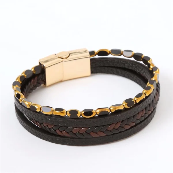 Pulsera Trenzada de Cuero con detalles dorados para hombres, imagen 4