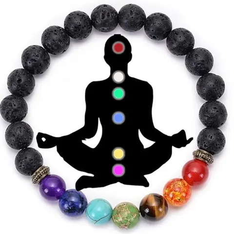 Pulsera Elástica de Lava Negra y 7 Chakras