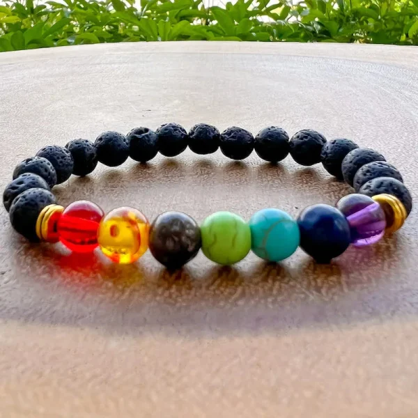 Pulsera Elástica de Lava Negra y 7 Chakras, imagen 3