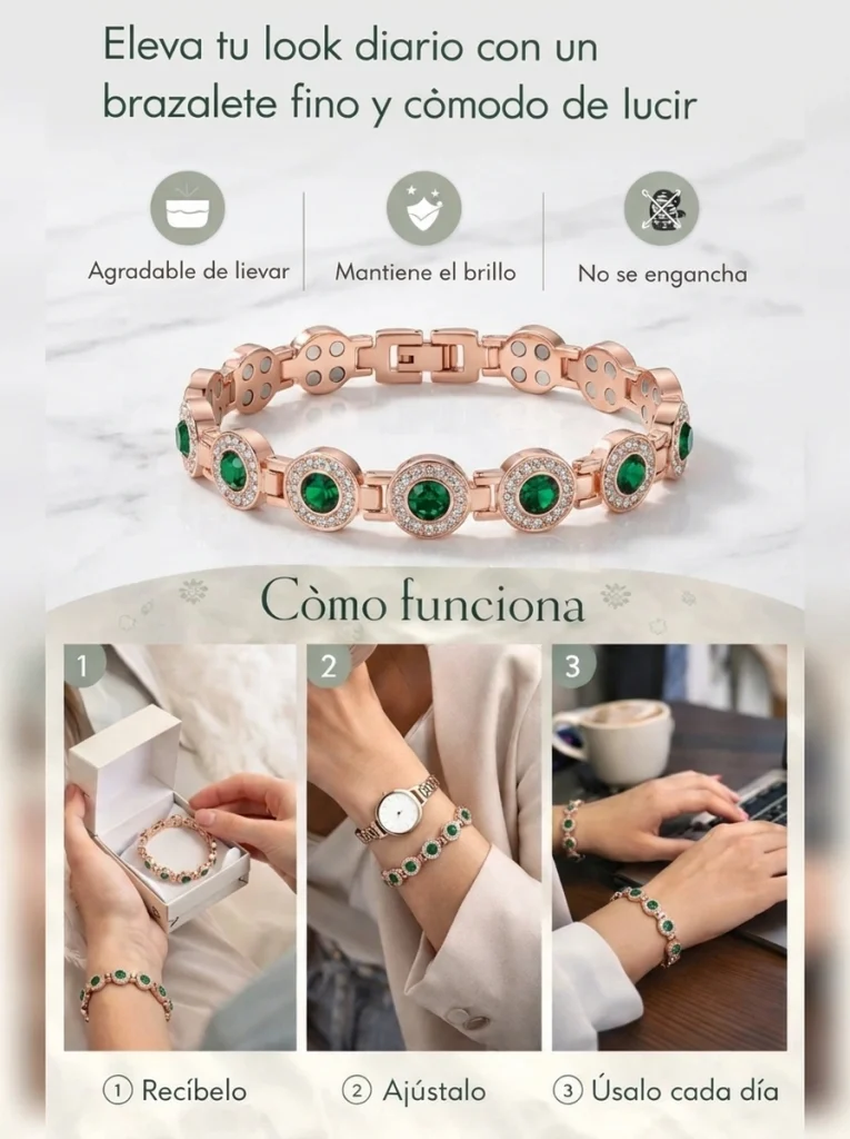 La pulsera que eleva tu look diario sin recargarlo – Pulsera Magnética de Cobre Con Cristales Verdes